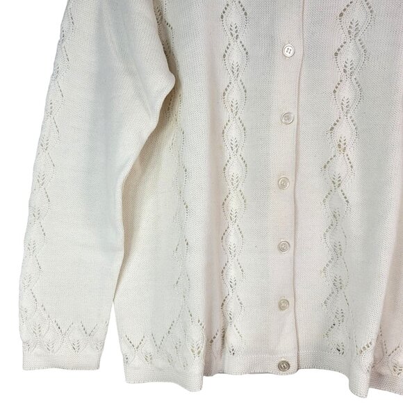 Keneth Too Sweater Cardigan White Large Laser-Cut Diamond Button Long Sleeve VTG - Picture 2 of 6